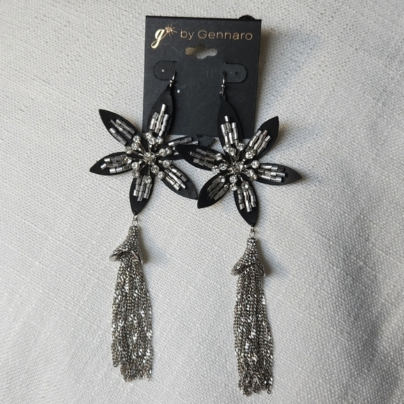 g by Gennaro Flower Dangle Earrings Black, Silver Tone Fringe Chain - Picture 1 of 8